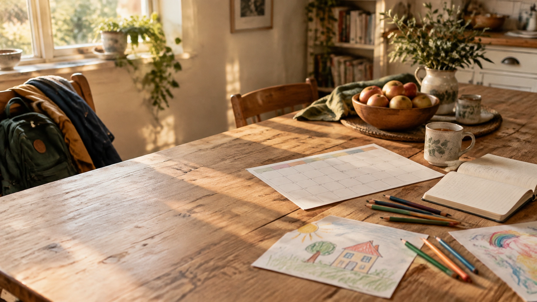 A warmly lit family table with a calendar, children's drawings, pencils, and everyday things ready for a busy week